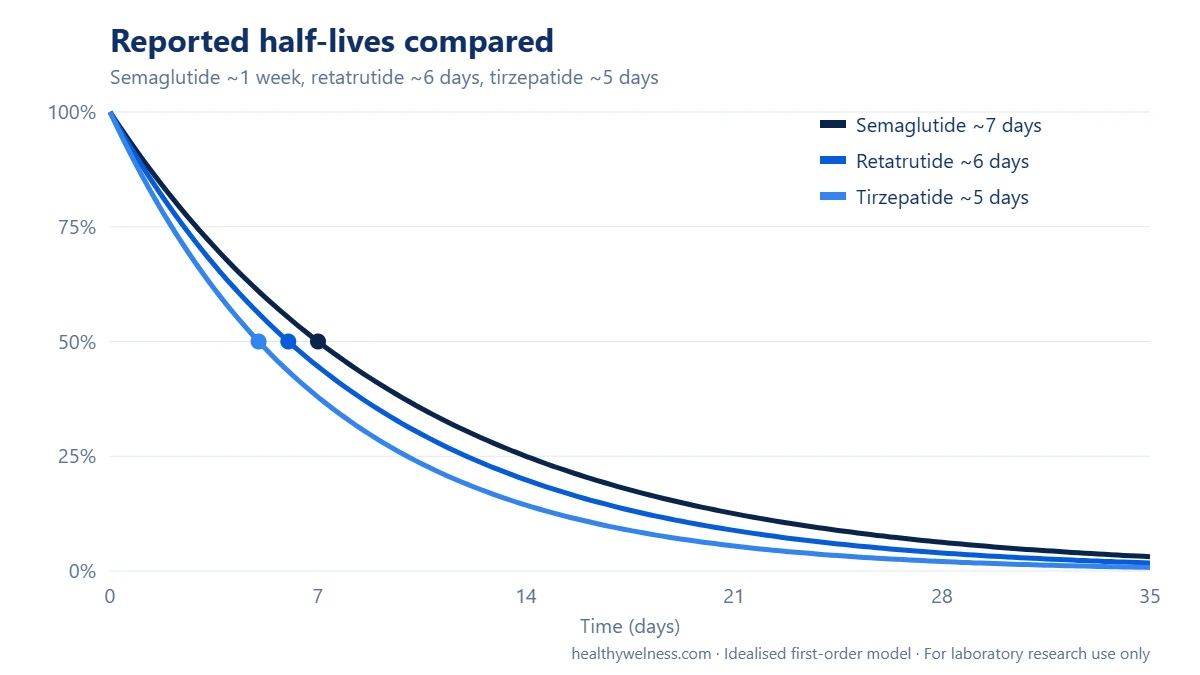 Modelled first-order decay curves for semaglutide, retatrutide and tirzepatide from reported half-lives