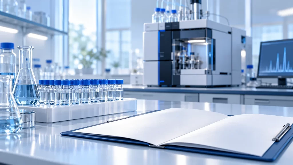 AI illustration of autosampler vials and analytical laboratory equipment.