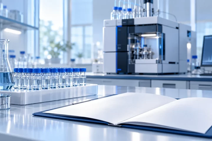 AI illustration of autosampler vials and analytical laboratory equipment.