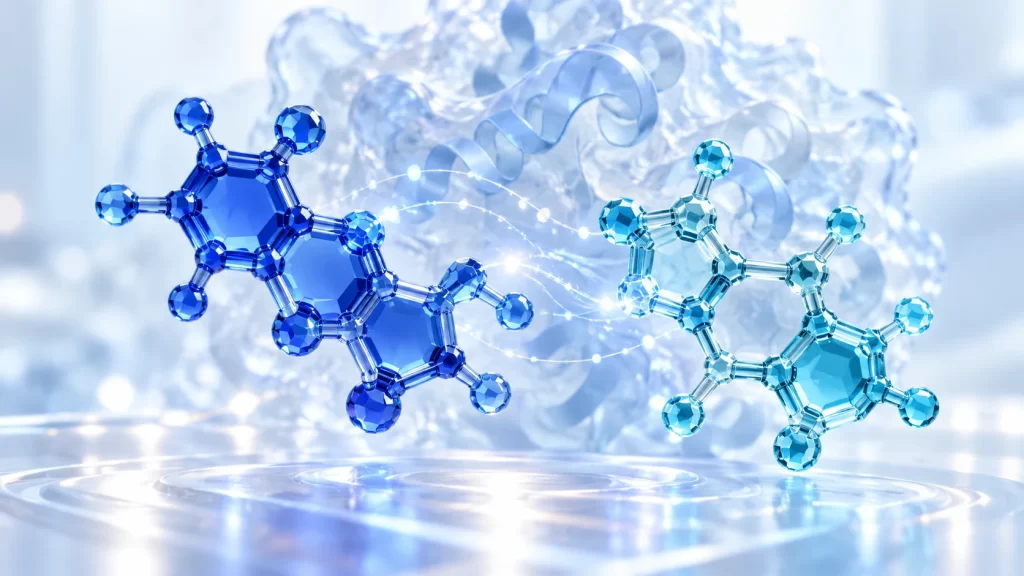 Abstract blue and cyan molecular-inspired glass forms illustrating coenzyme research.