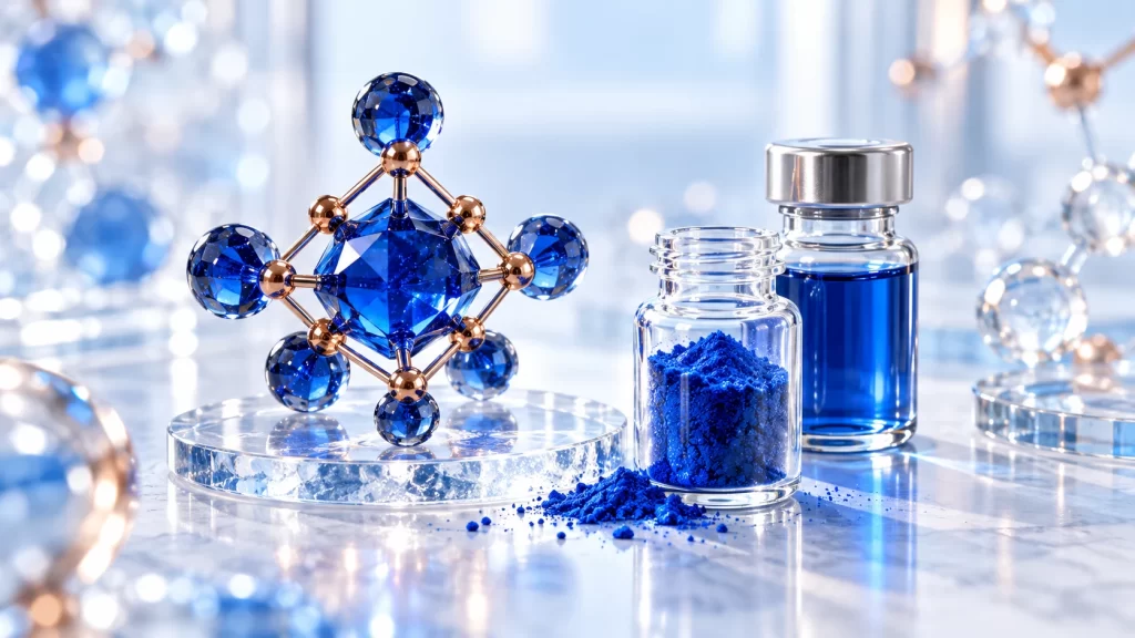 AI illustration of sapphire-blue powder and solution beside a conceptual copper-inspired sculpture.