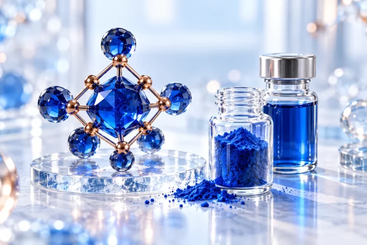 AI illustration of sapphire-blue powder and solution beside a conceptual copper-inspired sculpture.