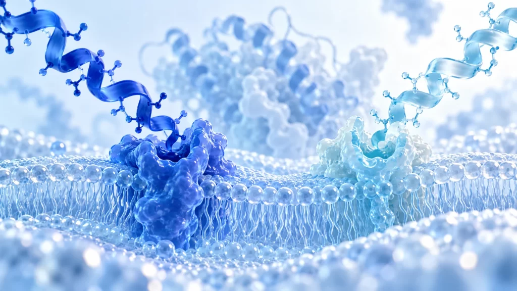 Conceptual peptide ribbons interacting with abstract membrane receptor forms.