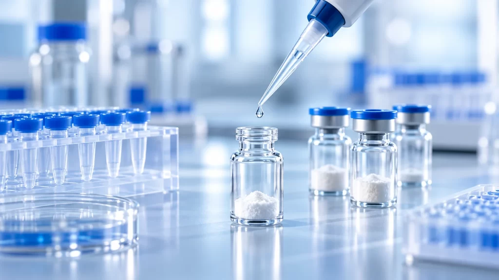 AI illustration of a laboratory micropipette, clear research vials and sample tubes.