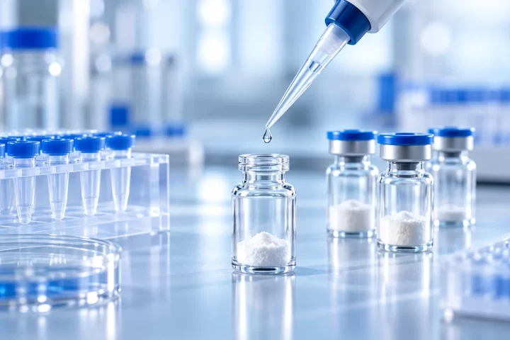 AI illustration of a laboratory micropipette, clear research vials and sample tubes.