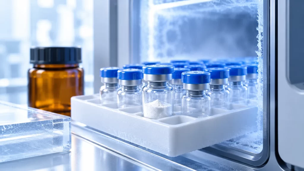 AI illustration of sealed research vials in a laboratory cold-storage rack.