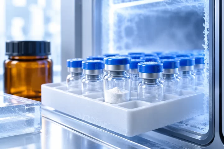 AI illustration of sealed research vials in a laboratory cold-storage rack.