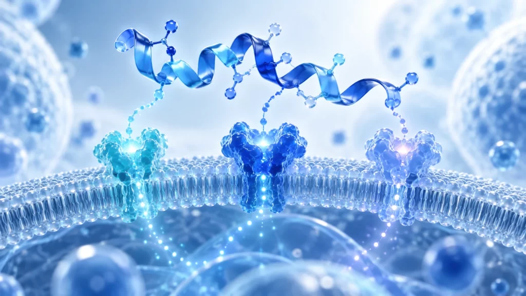 Conceptual blue peptide ribbon above abstract membrane receptors.