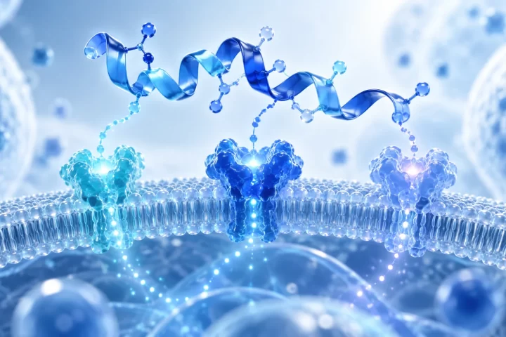 Conceptual blue peptide ribbon above abstract membrane receptors.