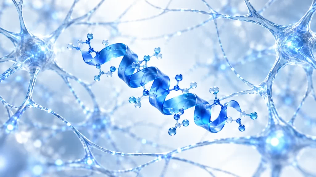 Conceptual peptide ribbon among translucent neuron-like branches.
