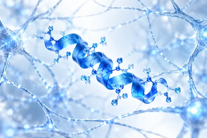Conceptual peptide ribbon among translucent neuron-like branches.