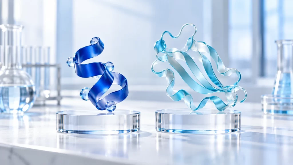 Two distinct abstract peptide-inspired sculptures on separate glass plinths.