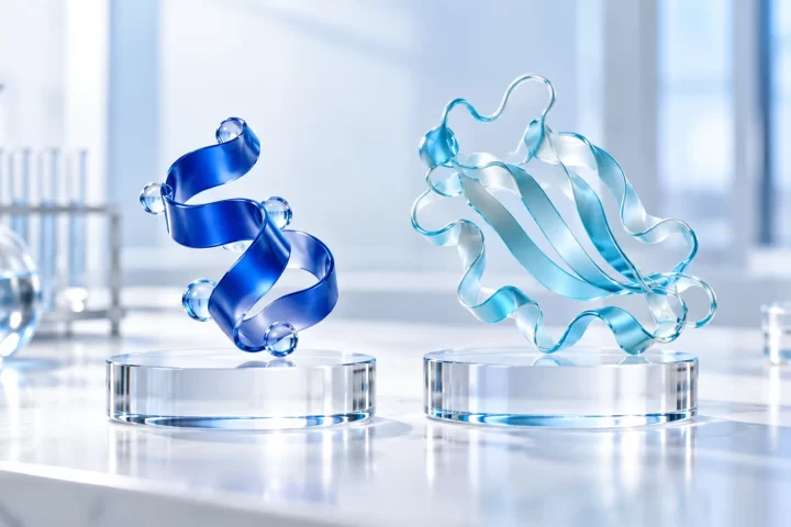 Two distinct abstract peptide-inspired sculptures on separate glass plinths.