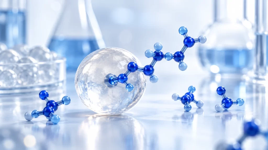 Conceptual resin bead carrying a peptide-inspired chain.
