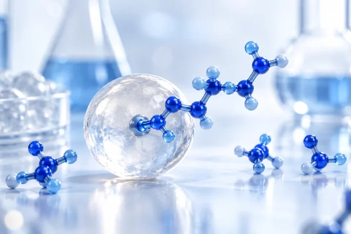 Conceptual resin bead carrying a peptide-inspired chain.