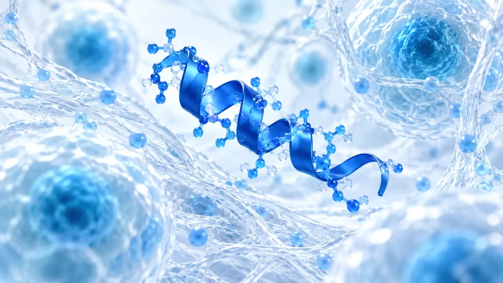 Conceptual blue peptide ribbon among translucent cells and interwoven fibres.