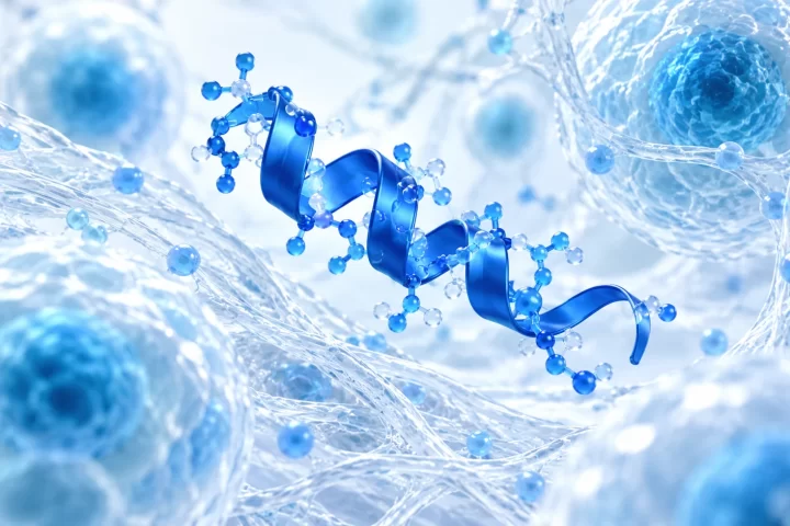 Conceptual blue peptide ribbon among translucent cells and interwoven fibres.